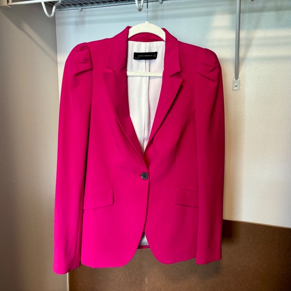 Zara Woman Puffed Sleeves Bright Fuchsia Blazer - Picture 4 of 15